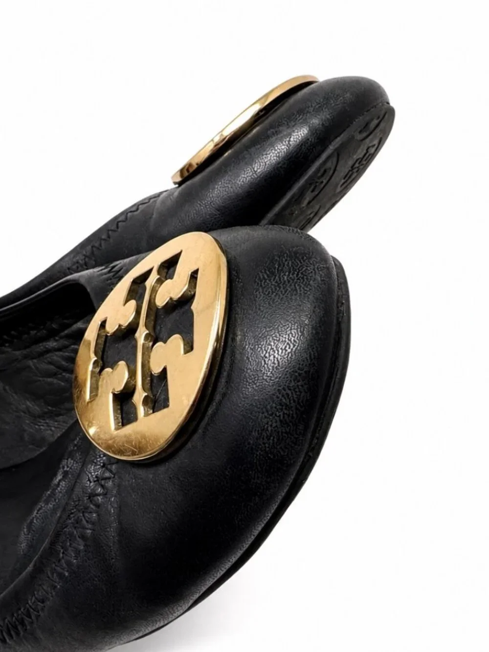 Tory Burch Reva Ballet Flats Black Leather Gold Logo Slip On Shoes Women's 7.5